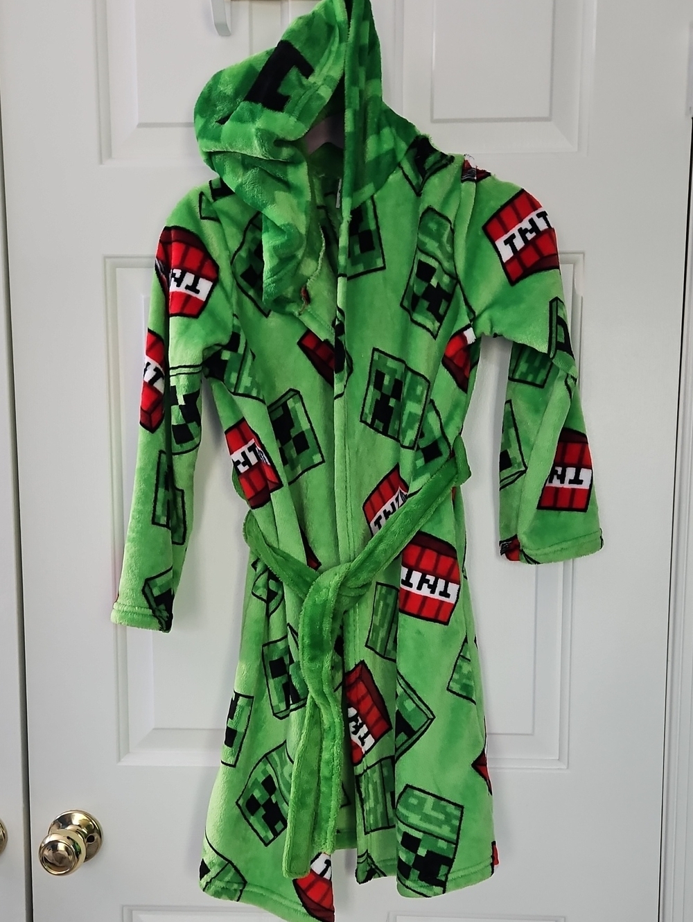 Kids Plush Hooded Green Minecraft-Style Robe with Creeper Hood